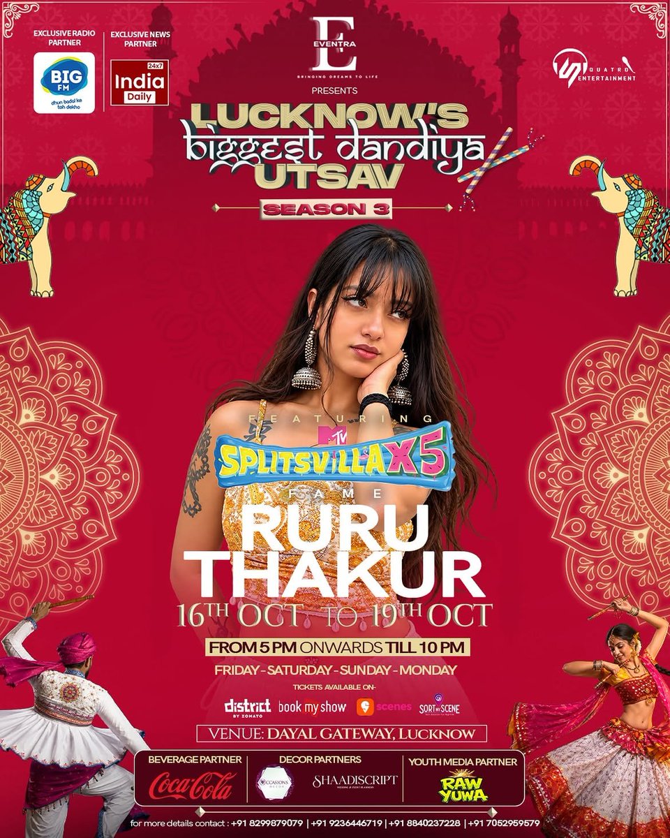 WishsenseS1ca9's tweet photo. Lucknow's Biggest Dandiya Utsav – Season 3
Dates: 16–19 October 2026
Time: 5:00 PM–10:00 PM
Venue: Dayal Gateway, Lucknow
Featuring Ruru Thakur: 18 October 2026 (Day 3)
Presented by: Eventra
Entertainment partner: Quattro Entertainment
#ruruthakur #biggboss20 #riseandfall2 https://t.co/q49pADc579