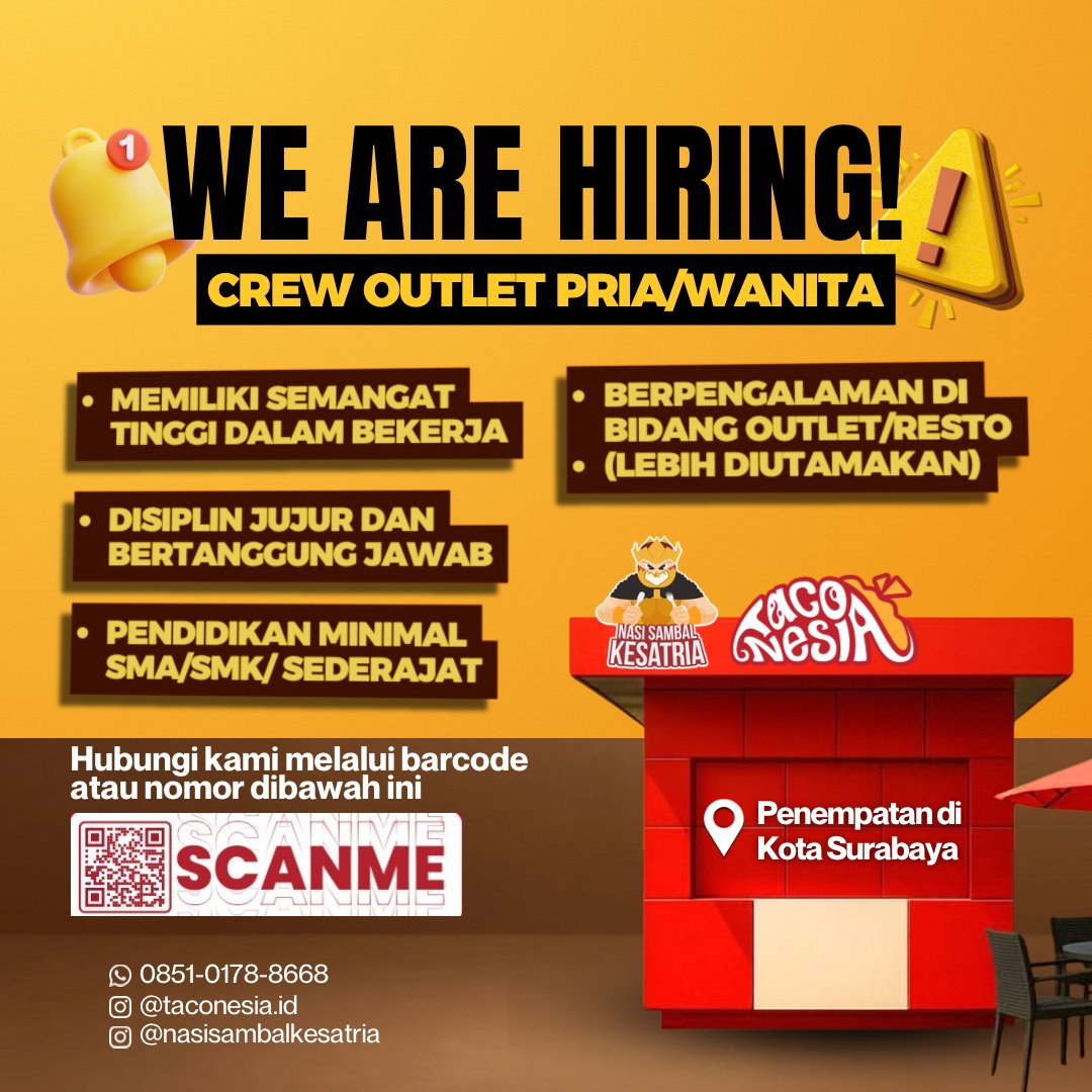 lokersbyterbaru's tweet photo. Nasi Sambal Kesatria (IG: @nasisambalkesatria) membuka lowongan posisi Crew Outlet
📍 Penempatan : Cabang Surabaya area Prapanca, Gubeng, Wiyung, Lontar, Siwalankerto

✅ Pria/Wanita - Usia Bebas

Berminat? Silahkan chat dan kirim CV ke :
WhatsApp 0851 0178 8668 https://t.co/GwRr2p2eyc