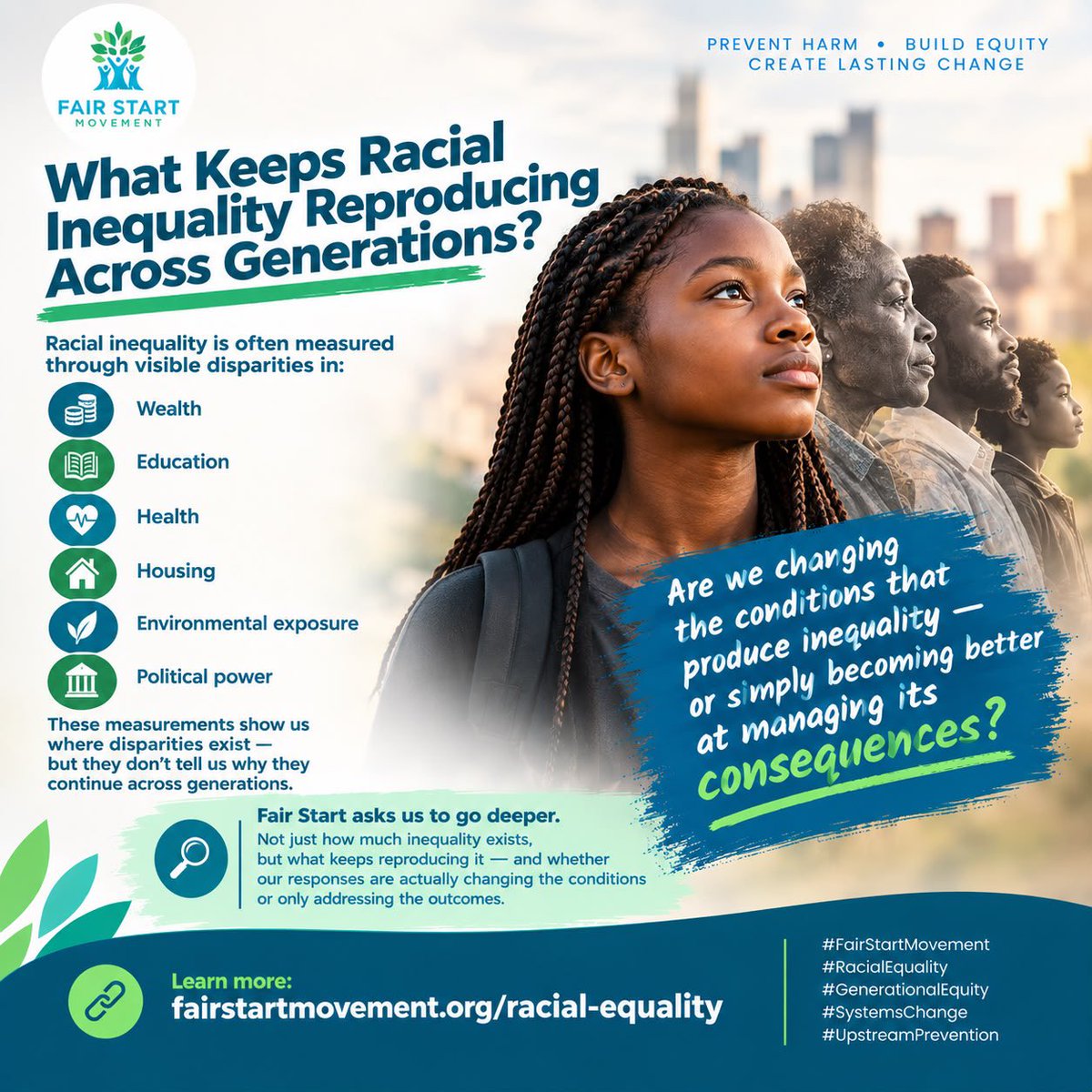 FairStartOrg's tweet photo. We can measure racial disparities.

But what explains why they continue across generations?

Fair Start asks us to examine the conditions producing the outcomes not just manage the consequences.

https://t.co/mDPfP3c56E

#FairStart #RacialEquality https://t.co/VNBklkparU