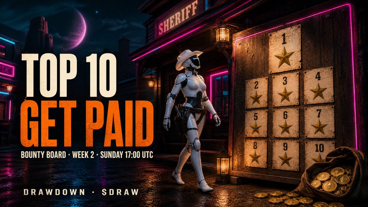 playdrawdown's tweet photo. Bounty Board, week 2. Bigger pot than week 1's leftover.

Top 10 ranked shooters split it Sunday at 17:00 UTC. Score is wins minus losses. Hold 1M $draw to qualify.

https://t.co/wNa3zcxjXe https://t.co/DwiKyGjFB4