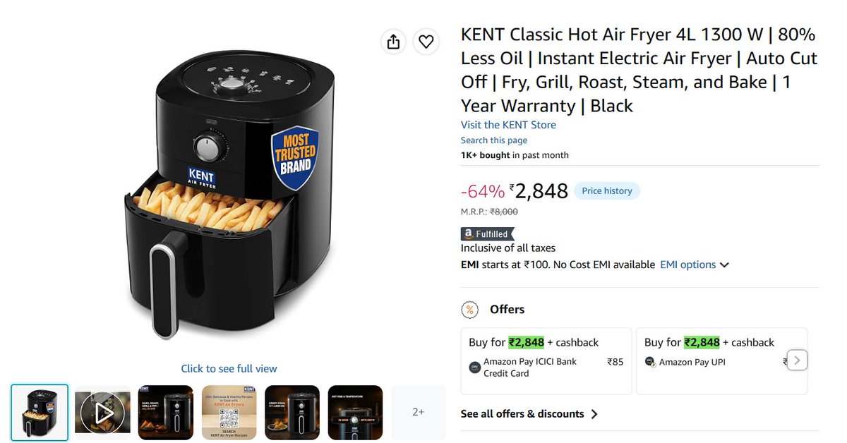 zingoy_cashback's tweet photo. KENT Air Fryer 4L-just ₹2,848 (64% off)
Fry, grill, roast, steam &amp; bake with 80% less oil.
No Cost EMI available 👇
