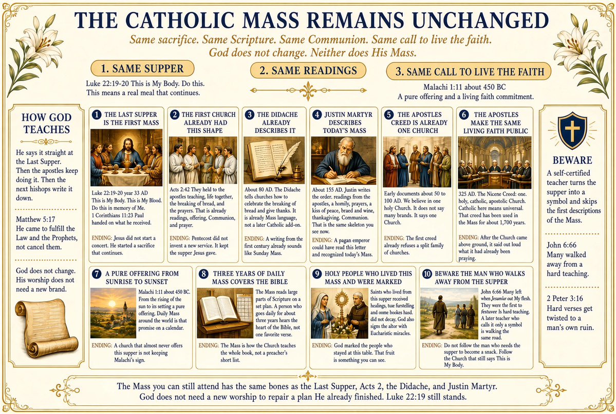 ThroughTheQueen's tweet photo. God bless you for seeking.  The fruits:  Oneness.  400,000 different churches celebrate the same mass format used for +2000 years, daily, around the world.  All using the same scripture readings found at https://t.co/AxC5T8w8cG.  The mass is 100% biblical and covers dozens of biblical passages every day with a consistent interpretation, not of man, but of the founding Apostles, their anointed apostles and the Saints that gave their lives for the oneness of Christ.  Humility led me to this amazing church, a church divinely protected from individual interpretation and the pride that goes with it.  I pray that we all get this right.  God Bless.