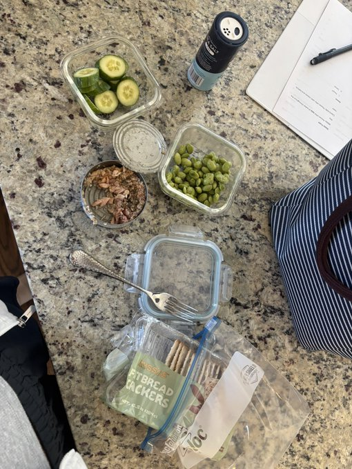 lris8bf's tweet photo. Eschewing aesthetic lunch for what I’m calling Alley Cat Lunch: Tuna from a can and whatever veggies you have lying around. https://t.co/aw6eLKo7Xn