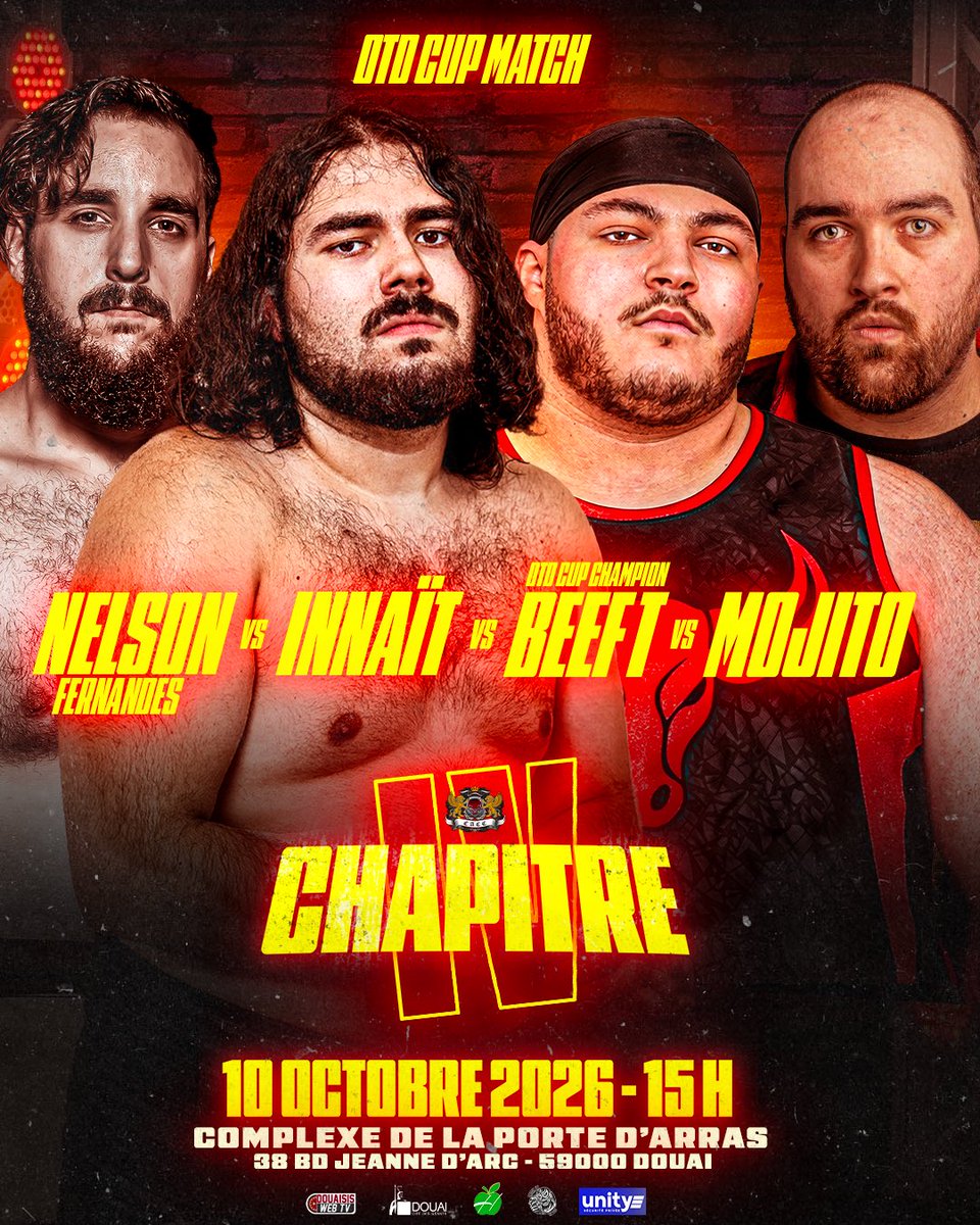 CACC59500's tweet photo. 🔥 CHAPITRE IV 🔥

Pour le dernier match de CHAPITRE IV, nous aurons droit à un FATAL 4-WAY pour la OTD Cup Championship 🏆

🇵🇹 Nelson Fernandes
🇫🇷 Mojito
🇩🇿 Innaït
🇧🇪 Le OTD Cup Champion : Beef T

🎟️ https://t.co/cymIIvxRSW https://t.co/VJC6rVn02T