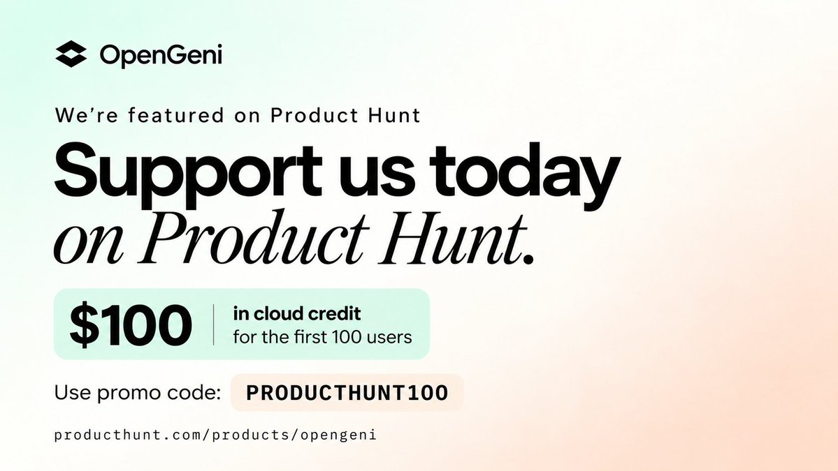 Opengeni's tweet photo. Opengeni is on Product Hunt today 📷 Show us some love!
First 100 users get $100 in cloud credit.
Code: PRODUCTHUNT100
https://t.co/vwO6Z5SPhn https://t.co/ivoIUOckfM