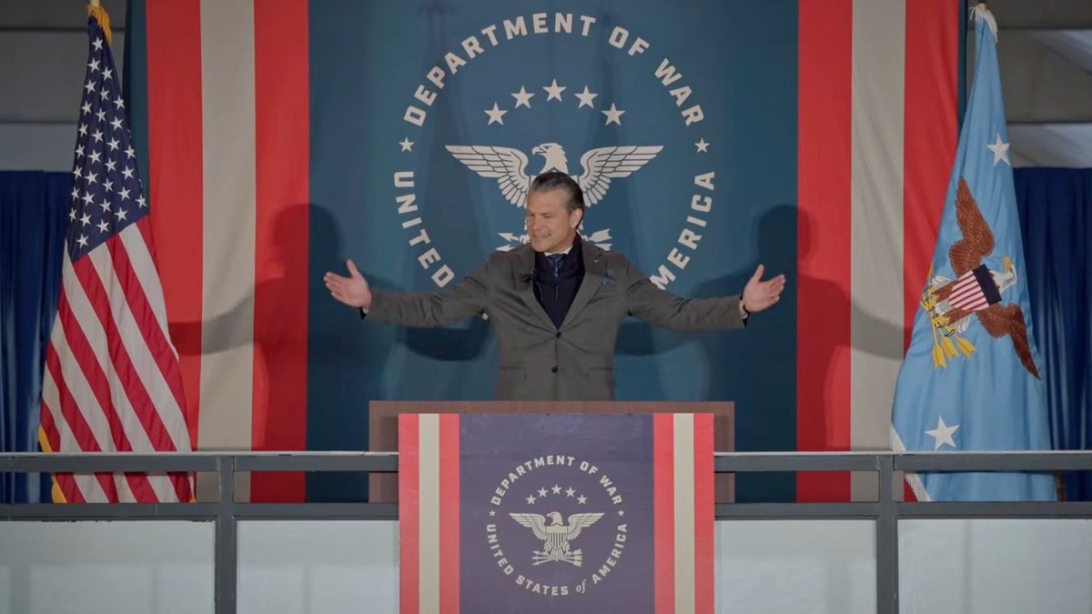 HQNewsNow's tweet photo. Pete Hegseth reveals the new Department of War branding. https://t.co/tTrxLH21s1