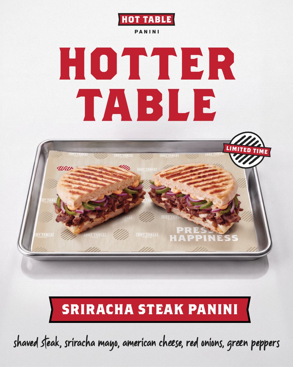Hottable's tweet photo. Shaved steak, melted cheese, peppers, and a sriracha mayo kick—our Sriracha Steak Panini is coming in hot.

#HotTable #PressedHappiness #SrirachaSteak https://t.co/2GIDwDZOMe