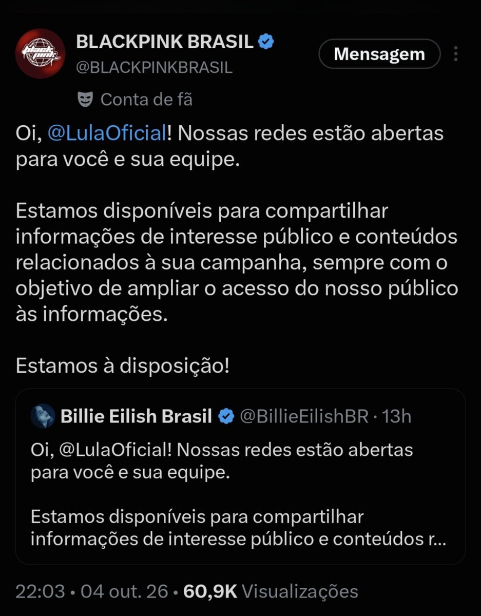 australianracha's tweet photo. just so you understand how tense things are in Brazil right now: basically every fanbase is making their platforms available to the current president because we’ve seen DIRECT INTERVENTION from billionaires on social media during the campaign period.

they’re interested in our natural resources, and many people fear they’ll have easier access to them if Bols0naro wins, especially given his relationship with 7rump