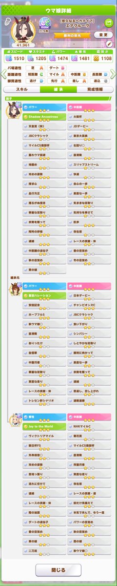 zanloui's tweet photo. 10月チャンミ エリ女 先行用因子

代表アドグル(親水着タキオン・クリトプロ)
パワー3、中距離3(9)、白82、G1 24勝

右・秋、直滑降、攻めの姿勢、阿吽、連綿、会心の一歩、真髄体、陽の加護、素直な一歩、余勢を駆って、中距離の遺伝子など主要あり(祖父母込)

ID:197098889
よければどうぞ
#ウマ娘 https://t.co/F6YtcWB1P1