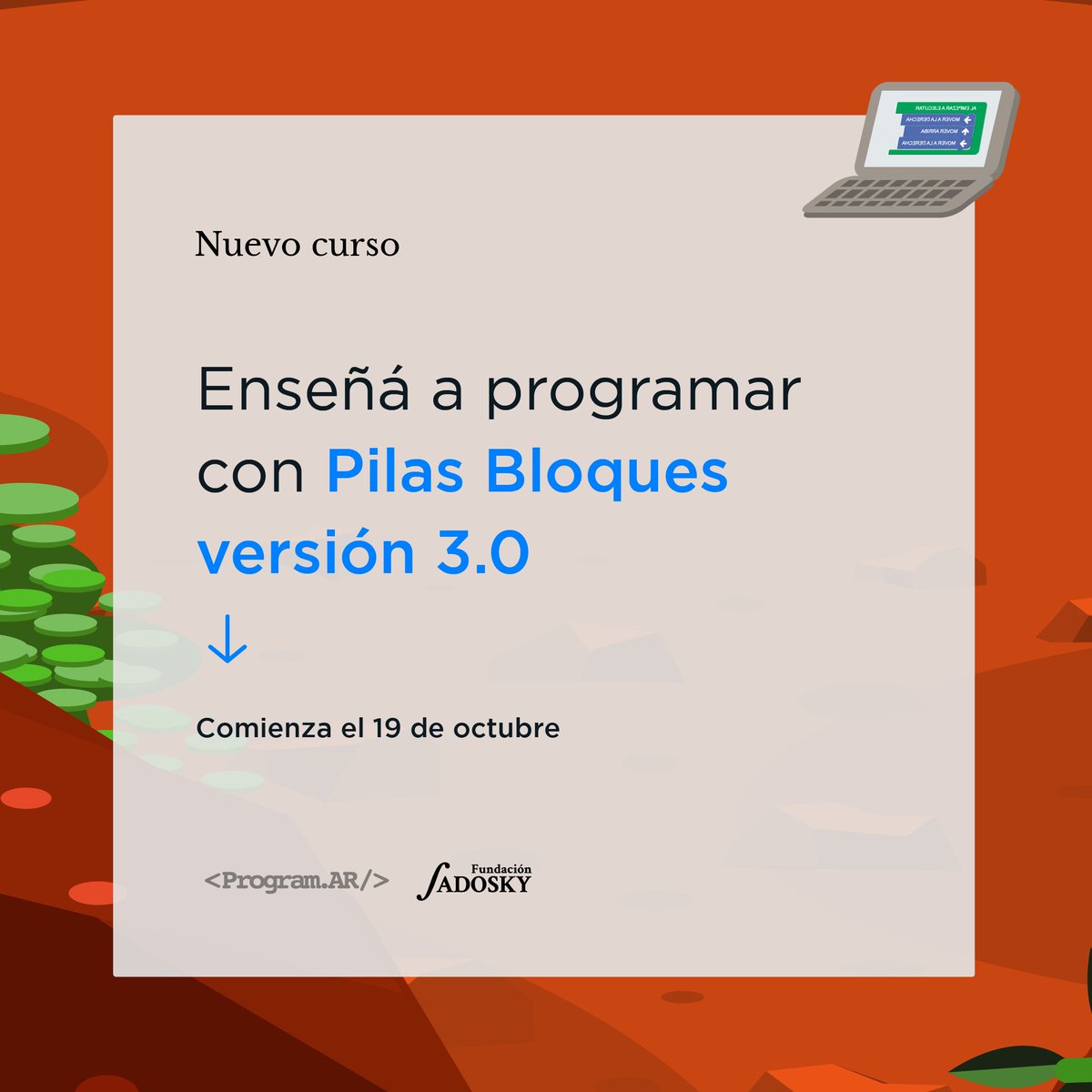 Programar2020's tweet photo. 📣 ¡Se viene el último curso del año!

Una propuesta para abordar nociones básicas de programación en el primer ciclo del Nivel Primario

Acá te contamos más 👇 https://t.co/gN3MkGfYOZ