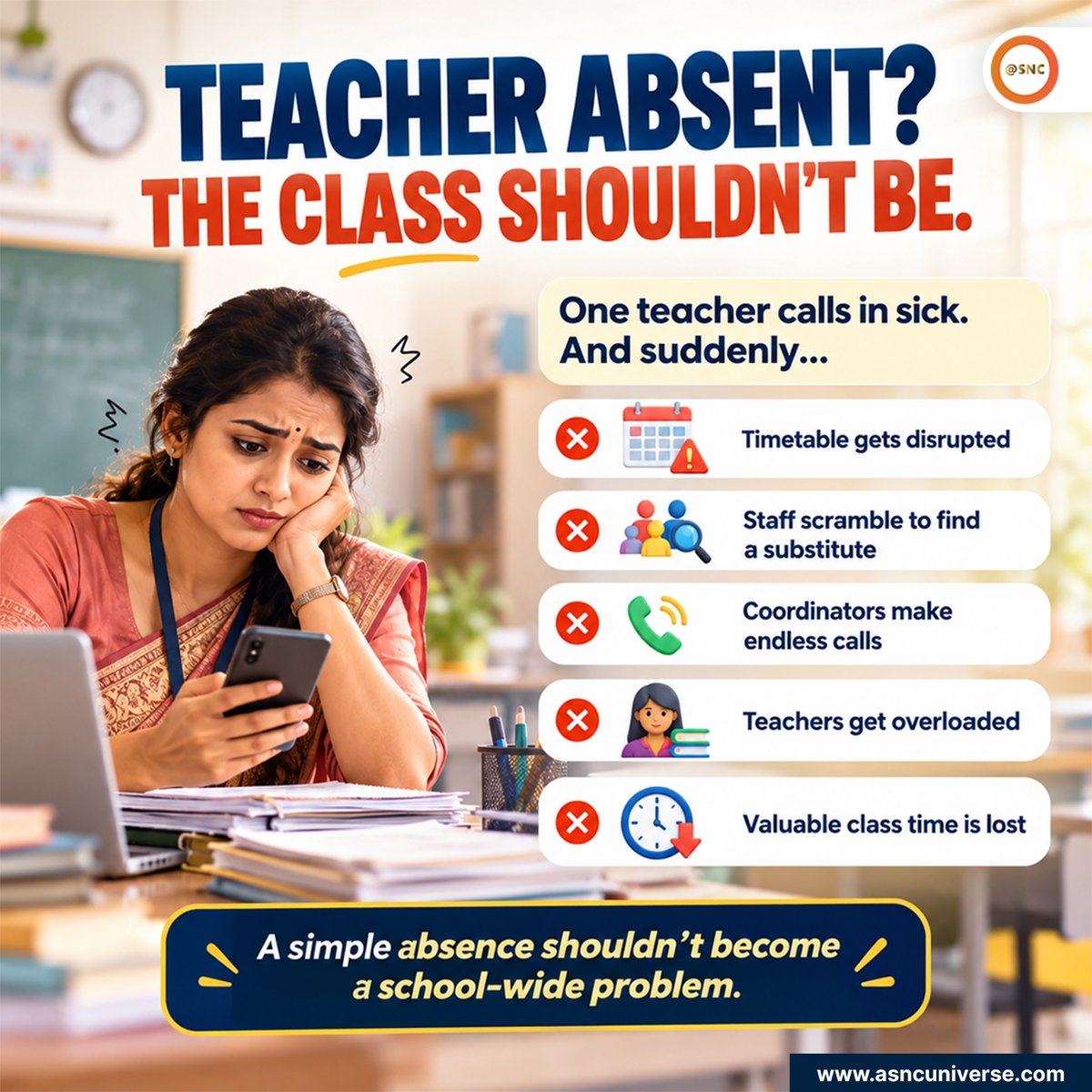 SNCoffice's tweet photo. Teacher absent? The class shouldn’t be.
With Campus, schools can find available teachers, check timetable conflicts, assign substitutes, and keep everyone updated — automatically.
No calls. No chaos. No lost periods.
Campus — Your School’s Smart Substitute Planner.
#Campus #SNC https://t.co/HMnkAVFzxp