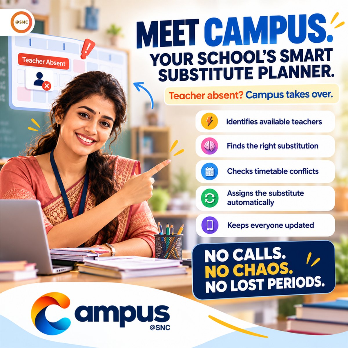 SNCoffice's tweet photo. Teacher absent? The class shouldn’t be.
With Campus, schools can find available teachers, check timetable conflicts, assign substitutes, and keep everyone updated — automatically.
No calls. No chaos. No lost periods.
Campus — Your School’s Smart Substitute Planner.
#Campus #SNC https://t.co/HMnkAVFzxp