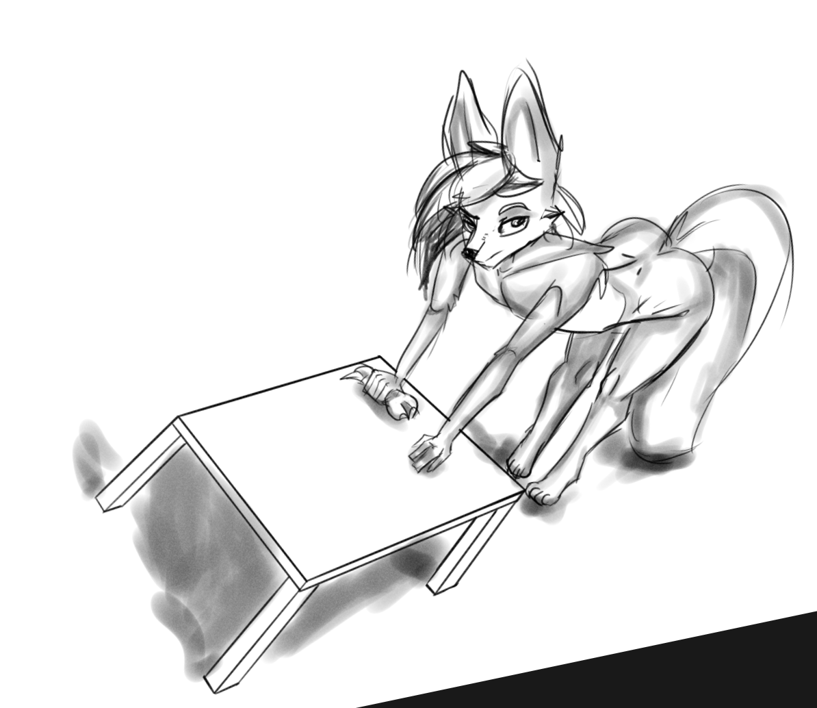 SugaryPoleCat's tweet photo. ive been experimenting with weird angles. Look at that fucking table - look at that fucking abomination. EVEN the fox is confused by it. He's like: this table needs more than just cleaning man, it needs exorcism. https://t.co/15Ms1jfw4a