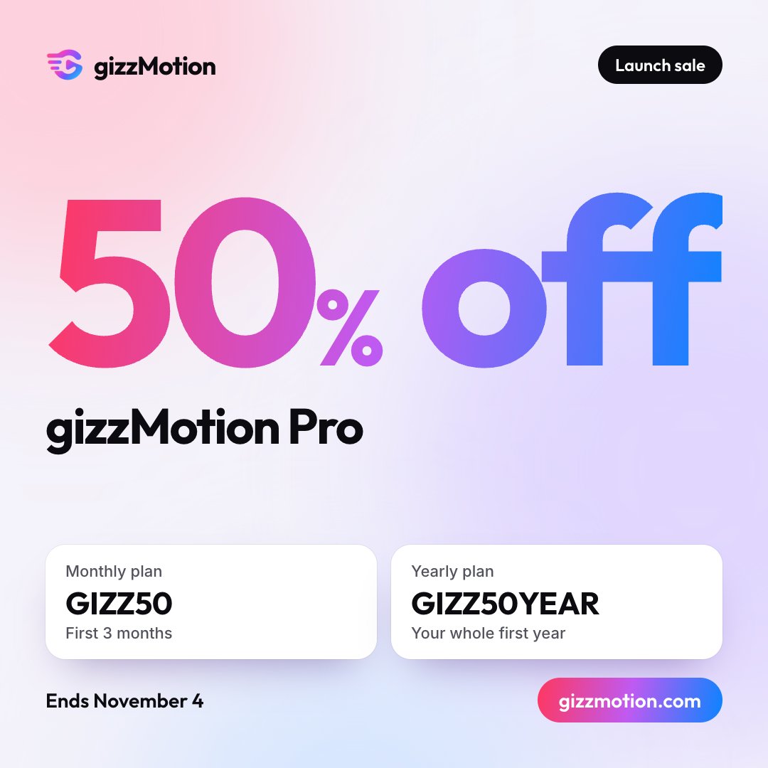 gizzMotion's tweet photo. First sale since we launched.

50% off gizzMotion Pro.
Monthly: your first 3 months, code GIZZ50.
Yearly: your whole first year, code GIZZ50YEAR.

All templates, no mark on exports. 
Until November 4. https://t.co/0KTo6gQXu3