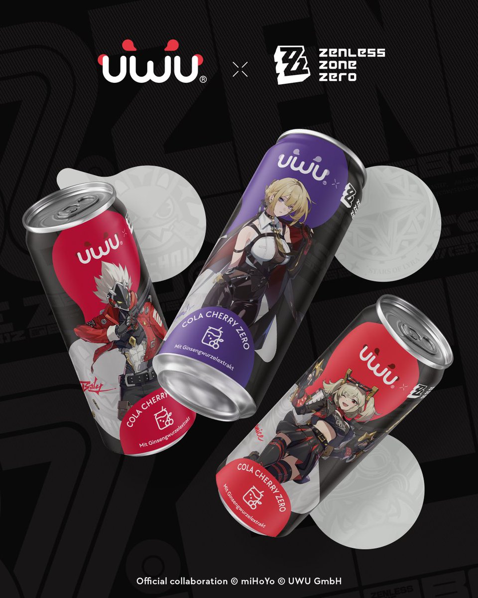 uwudrink's tweet photo. UWU × Zenless Zone Zero 
Available Now! 🔥

Our official collaboration with Zenless Zone Zero is here, featuring Burnice, Evelyn, and Billy.

Come celebrate the launch with our newest flavor: Cola Cherry Zero! 🍒 

A unique blend of cola and cherry flavor, with zero sugar, zero caffeine, and zero calories. Enhanced with selected vitamins and ginseng root extract for a refreshing boost whenever you need it.