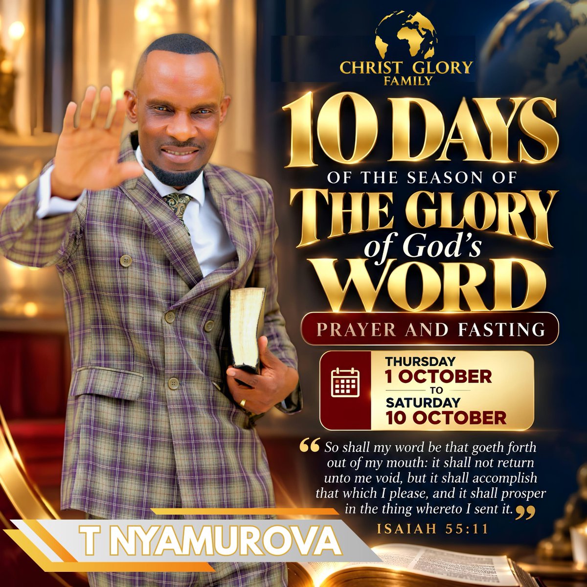 tnyamurovacgf's tweet photo. 10 Days of Prayer & Fasting | Godโs Word Will Not Return Void โ Isaiah 55:11
WHEN GOD SENDS A WORDโฆ it accomplishes its purpose. Need breakthrough or direction? Seek God through His Word and prayer.
Join: https://t.co/PPgrRHQIdk
#PrayerAndFasting #10DaysOfPrayer https://t.co/c5QOPQamrU