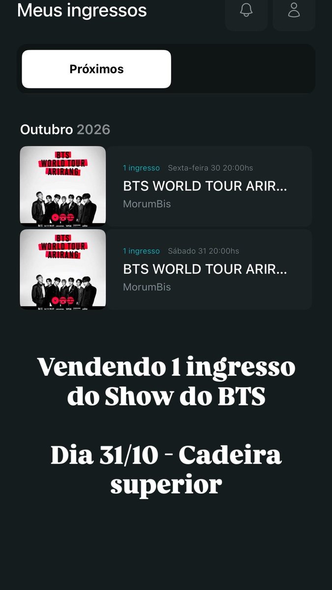 AlicePeixinho's tweet photo. #BTS_WORLDTOUR_ARİRANG #vendoingresso #ingressobts #BTS_ARİRANG  
Vendo ingresso do BTS cadeira superior dia 31/10
Valor a negociar no insta ou zap 
69993986422
Insta: pretty_little_lici https://t.co/dYmHfaVyXF