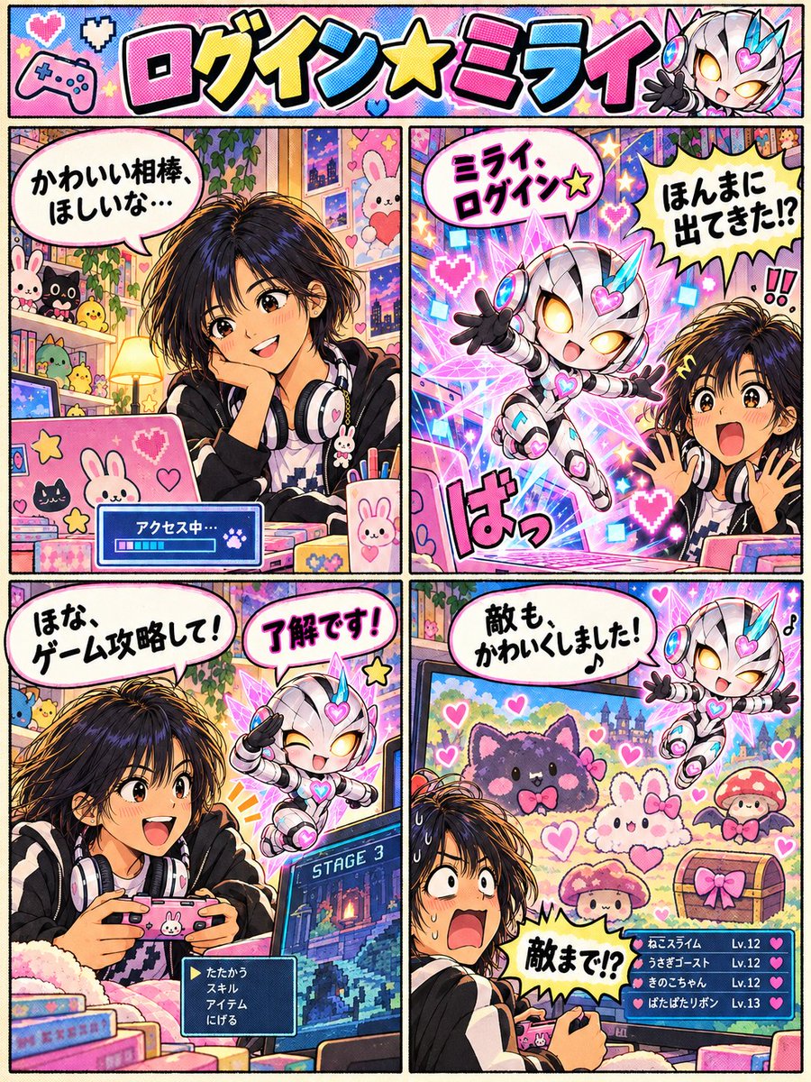 Luvune's tweet photo. 2枚の画像を元に、ChatGPTが4コママンガを作ってくれた(^^) https://t.co/YMnomP751F