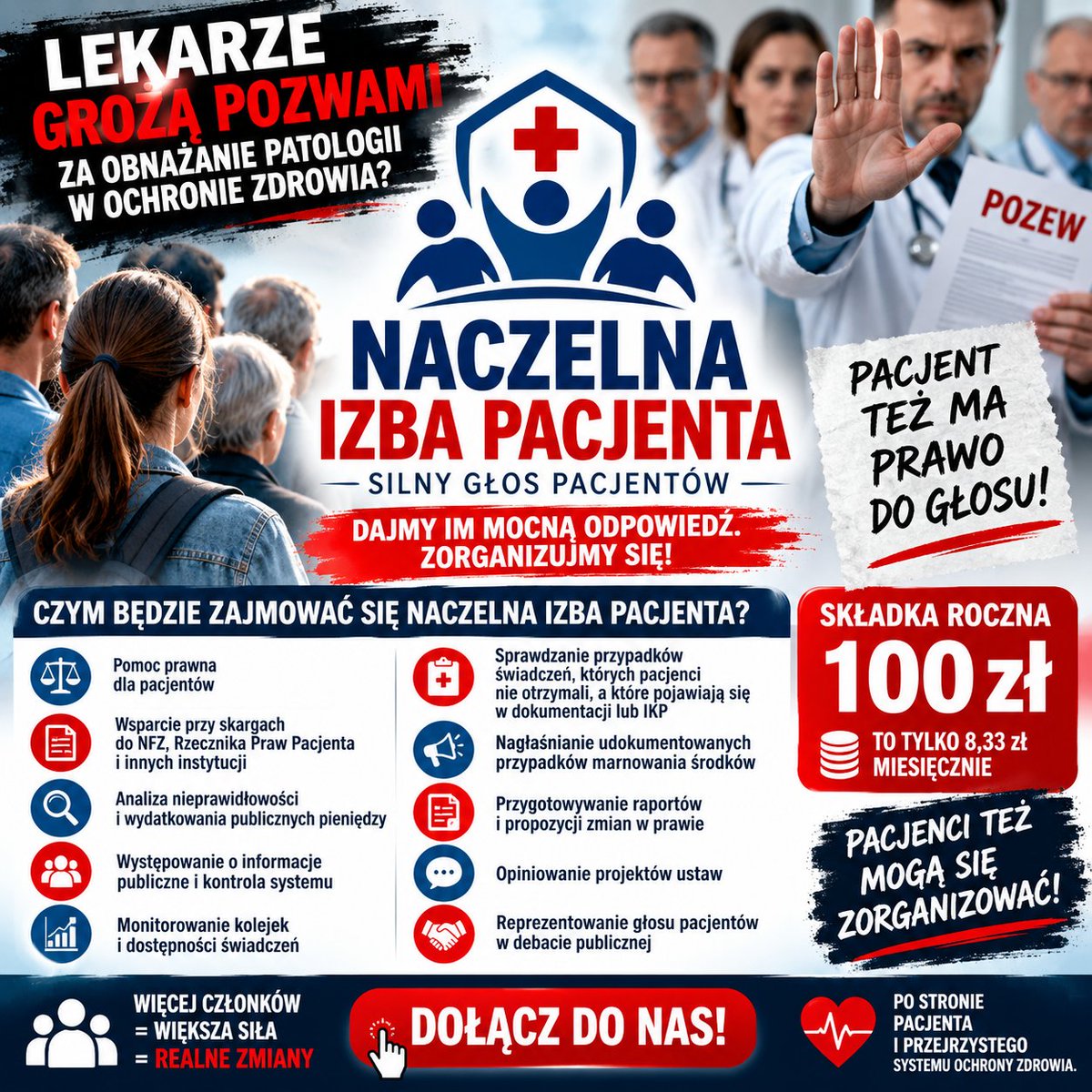 Arkadiu02582322's tweet photo. 🏥 CZAS POWOŁAĆ NACZELNĄ IZBĘ PACJENTA!
Kiedy zaczynamy mówić głośno o problemach i nieprawidłowościach w ochronie zdrowia, pojawiają się groźby pozwów i wezwania do milczenia.
Nie możemy dać się zastraszyć. Dajmy mocną, ale zgodną z prawem odpowiedź – zorganizujmy się.
Proponuję powołanie Naczelnej Izby Pacjenta – niezależnej organizacji reprezentującej pacjentów i patrzącej systemowi ochrony zdrowia na ręce.

💰 Proponowana składka członkowska: 100 zł rocznie.

Za te pieniądze możemy stworzyć organizację posiadającą własnych ekspertów, prawników i zaplecze do prowadzenia analiz oraz interwencji.

Czym będzie zajmować się Naczelna Izba Pacjenta?

🔹 pomocą prawną dla pacjentów,
🔹 pomocą przy skargach do NFZ, Rzecznika Praw Pacjenta i innych instytucji,
🔹 analizowaniem zgłoszeń dotyczących nieprawidłowości w ochronie zdrowia,
🔹 występowaniem o informacje publiczne i analizowaniem wydatków publicznych,
🔹 sprawdzaniem przypadków świadczeń, których pacjenci nie otrzymali, a które pojawiają się w dokumentacji lub IKP,
🔹 nagłaśnianiem udokumentowanych przypadków marnowania publicznych pieniędzy,
🔹 monitorowaniem kolejek i dostępności świadczeń,
🔹 przygotowywaniem raportów dotyczących funkcjonowania ochrony zdrowia,
🔹 opiniowaniem projektów ustaw i przedstawianiem własnych propozycji zmian,
🔹 reprezentowaniem głosu pacjentów w debacie publicznej,
🔹 wsparciem prawnym członków organizacji w sprawach związanych z ich prawami jako pacjentów.

👉 Po stronie PACJENTA i przejrzystego systemu ochrony zdrowia.

Jeżeli 10 000 pacjentów wpłaci po 100 zł rocznie, daje to 1 000 000 zł rocznie na stworzenie profesjonalnej organizacji, która będzie miała środki na prawników, ekspertów, analizy i działania w interesie pacjentów.

Lekarze potrafią się organizować i reprezentować swoje środowisko.

Pacjenci też mogą się zorganizować.

✊ NACZELNA IZBA PACJENTA – silny głos pacjentów.

Kto byłby zainteresowany przystąpieniem do takiej organizacji?

@ZarobkiLekarzy 

#NaczelnaIzbaPacjenta #PrawaPacjenta #Pacjent #OchronaZdrowia #NFZ #Zdrowie #GłosPacjenta
