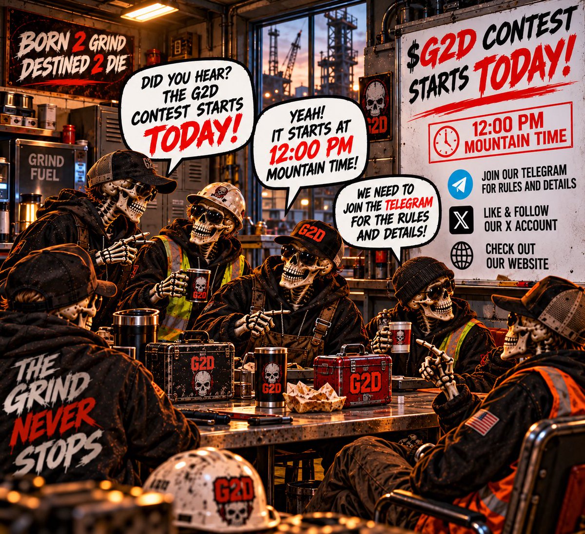 TheGRIND2DIE's tweet photo. 💀🔥 GRINDERS — TODAY IS THE DAY. 🔥💀

Word is spreading around the job site…

The $G2D CONTEST starts TODAY at 12:00 PM Mountain Time! ⏰

Whether you’re clocking in, grabbing lunch in the break room, running the night shift, or already putting in overtime — don’t miss it.

📢 Want the official contest rules and details? Join our Telegram before the contest begins.

✈️ JOIN THE G2D TELEGRAM — RULES & DETAILS⁠
𝕏 FOLLOW @TheGRIND2DIE⁠
🌐 CHECK OUT THE OFFICIAL G2D WEBSITE⁠

Tell another GRINDER. Spread the word. Let’s keep building this community one GRINDER at a time. 💀🤝

BORN 2 GRIND. DESTINED 2 DIE.
🔥 THE GRIND NEVER STOPS.

#GRIND2DIE #G2D #Solana #G2DContest #TheGrindNeverStops