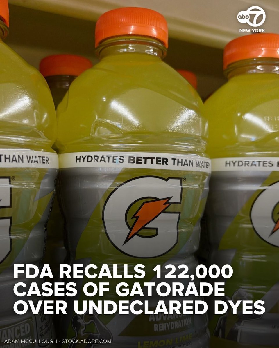 ABC7NY's tweet photo. The FDA has classified a recall affecting more than 122,000 cases of Gatorade distributed in 37 states, including New York and New Jersey. https://t.co/cjUo7seRVl https://t.co/IXD1YvFXe2