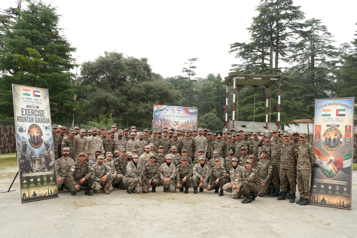 prodefencejammu's tweet photo. Exercise #MountainGuardian 2026

The Opening Ceremony of the 3rd edition of Joint Military Exercise #MountainGuardian 2026 between the #IndianArmy and #UAE Land Forces was held today at the Foreign Training Node, Chaubatia, Uttarakhand.

The two-week exercise scheduled to be held from 05 to 18 Oct 2026, will focus on joint planning, tactical drills, handling of equipment and integrated field exercises leveraging modern technology.

The exercise will further strengthen interoperability between the two Armies in sub-conventional operations and reinforce the growing India-UAE defence partnership.

#IndiaUAEFriendship 🇮🇳🤝🇦🇪  
#MilitaryDiplomacy 

@MEAIndia
@DefenceMinIndia
@SpokespersonMoD
@IndembAbuDhabi
@modgovae
@UAEembassyIndia
@adgpi 
@ANI