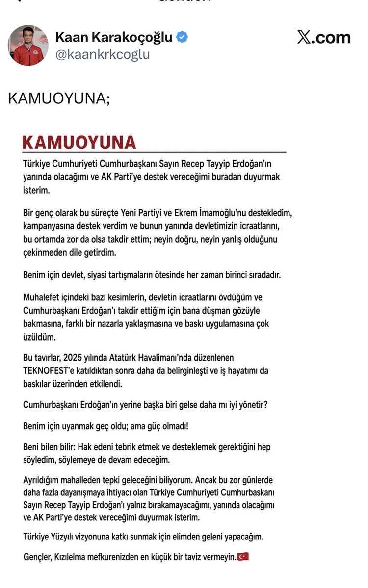 serkanjournos2's tweet photo. 🔴Aralarında  Cumhurbaşkanlığını aday haber gibi yüksek takipçili hesaplarında bulunduğu birçok Ekrem İmamoğlu fan sayfasını yöneten @kaankrkcoglu adlı vatandaş AKP’ye geçti.

AKP’ye geçen vatandaş kendisini nimetten sayarak kamuoyu açıklaması yaptı. https://t.co/pm4SFrjU9a