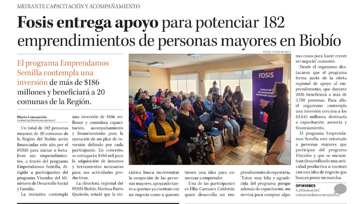 FOSIS_Chile's tweet photo. El programa Emprendamos Semilla invertirá más de $186 millones para apoyar los emprendimientos de 182 personas mayores de la Región del Biobío. https://t.co/59jTTqNxu8