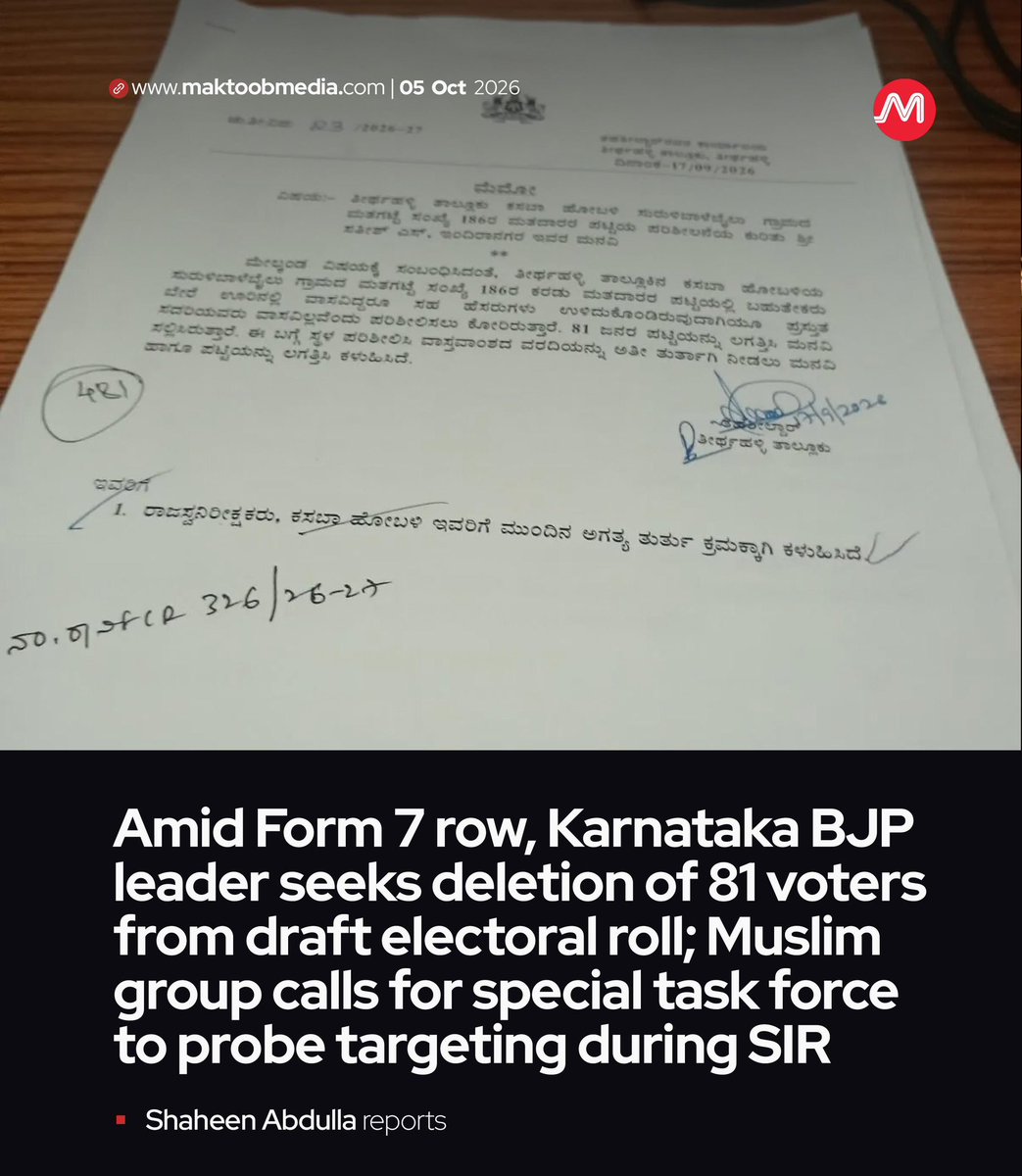 MaktoobMedia's tweet photo. A BJP leader in Karnataka has sought to delete 81 voters, 78 of them Muslim, from electoral rolls, claiming they no longer live in the area, while residents say they are alive and remain in the locality, amid allegations of a wider campaign targeting Muslim voters during SIR.

@shaheenjournal reports:

https://t.co/W98UW12hgt