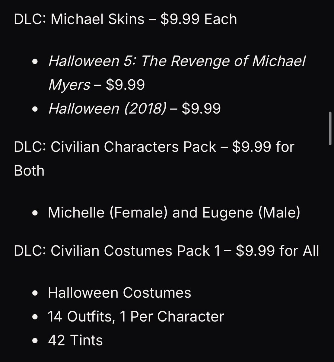 HalloweenGameLK's tweet photo. Pricing for the upcoming DLCs https://t.co/FDRo8yU7Xv