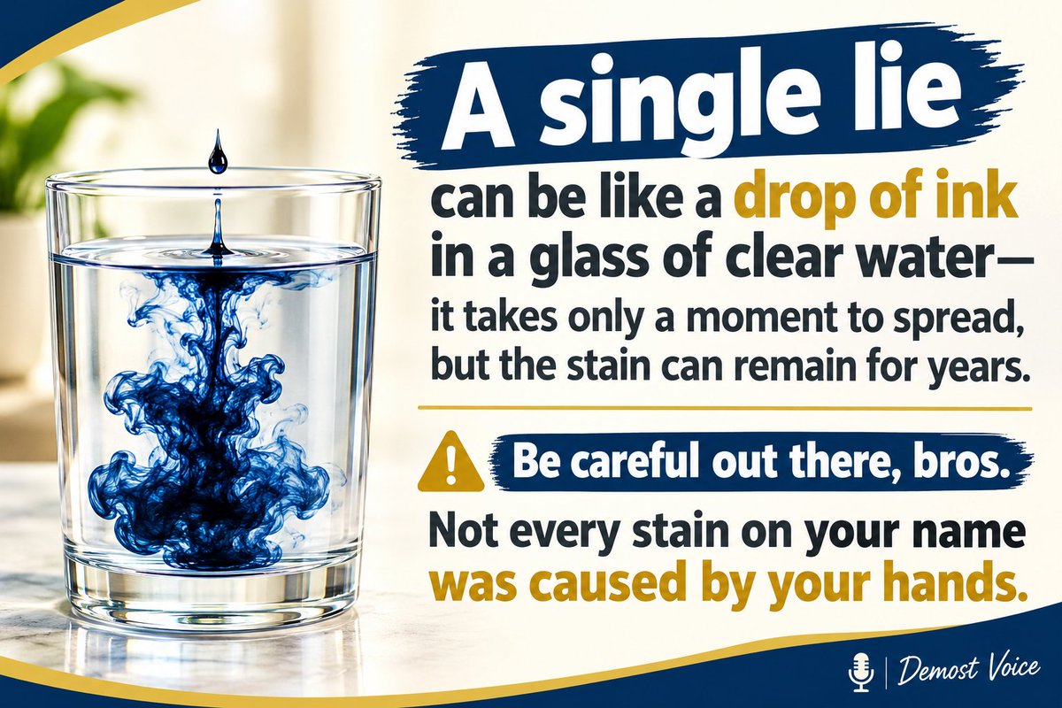 DemostWamzy's tweet photo. A single lie can be like a drop of ink in a glass of clear water—it takes only a moment to spread, but the stain can remain for years.

Be careful out there, bros.
Not every stain on your name was caused by your hands. https://t.co/GHqQbDejFh