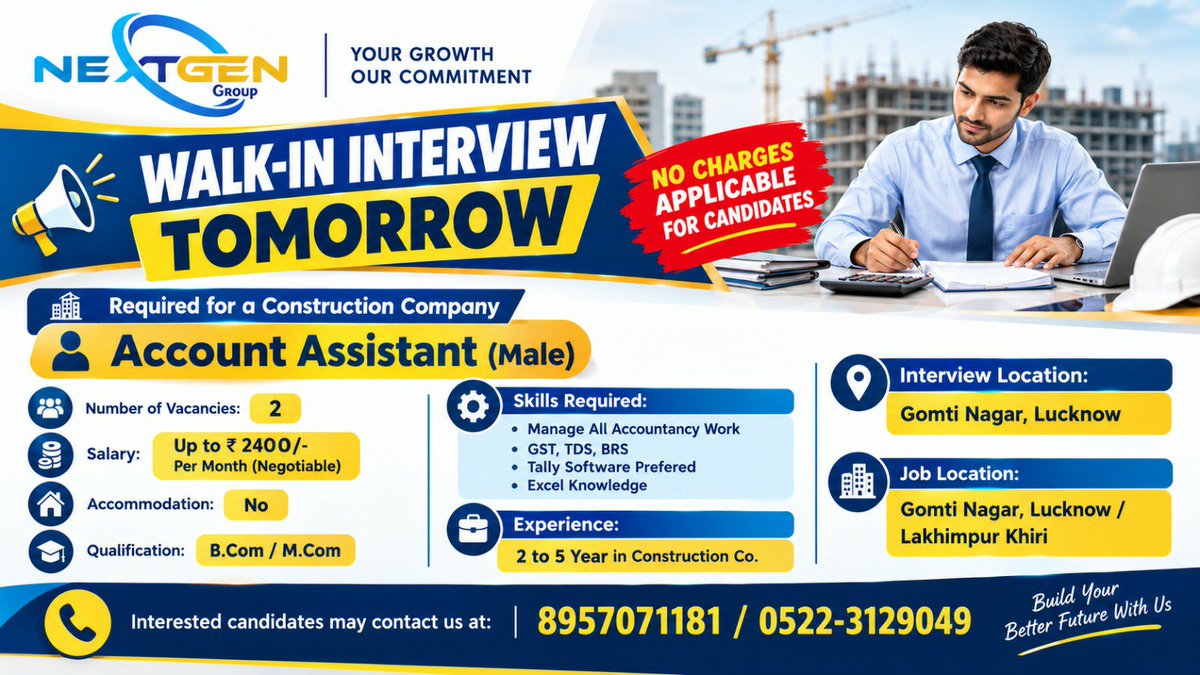 HrNextgengroup's tweet photo. #WalkInInterview #WalkInInterviewTomorrow #JobVacancy #JobOpening #HiringNow #WeAreHiring #JobAlert #JobsInLucknow #LucknowJobs #LakhimpurJobs #UPJobs #JobSearch #CareerOpportunity #CareerGrowth #FreshersJobs #ExperiencedJobs #AccountAssistant #BusinessDevelopmentExecutive https://t.co/nlvQZMDrcg