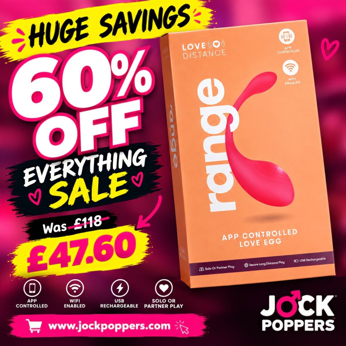 jockpartyuk's tweet photo. 🔥 HUGE SAVINGS 🔥

💗 60% OFF EVERYTHING! 💗

The Love Egg is now just £47.60 — was £118! 😍

📱 App controlled
🌐 WiFi enabled
🔋 USB rechargeable
❤️ Solo or partner play

Shop now: https://t.co/NXKpC2oXdx⁠

#Sale #60Off #LoveEgg #AdultToys #JockPoppers https://t.co/0Z0VebXMSG