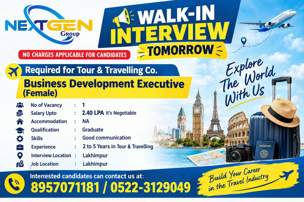 HrNextgengroup's tweet photo. #WalkInInterview #WalkInInterviewTomorrow #JobVacancy #JobOpening #HiringNow #WeAreHiring #JobAlert #JobsInLucknow #LucknowJobs #LakhimpurJobs #UPJobs #JobSearch #CareerOpportunity #CareerGrowth #FreshersJobs #ExperiencedJobs #AccountAssistant #BusinessDevelopmentExecutive https://t.co/nlvQZMDrcg