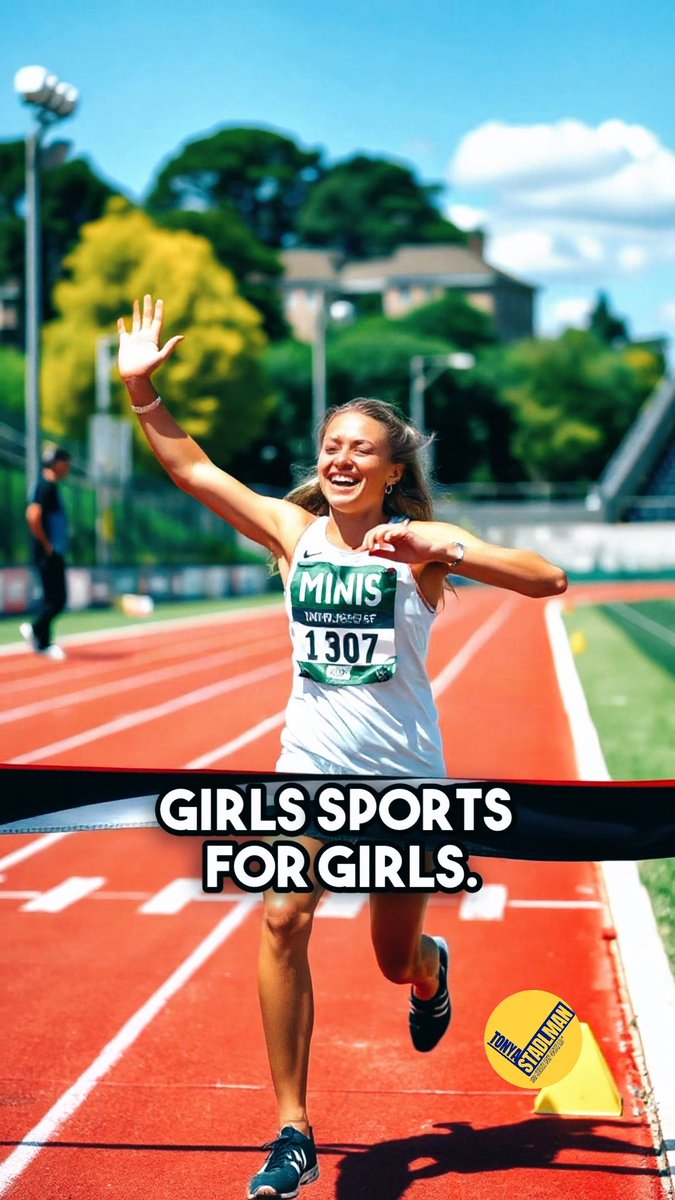 A female runner crosses a finish line on a red athletic track, with overlaid text reading "GIRLS SPORTS FOR GIRLS."