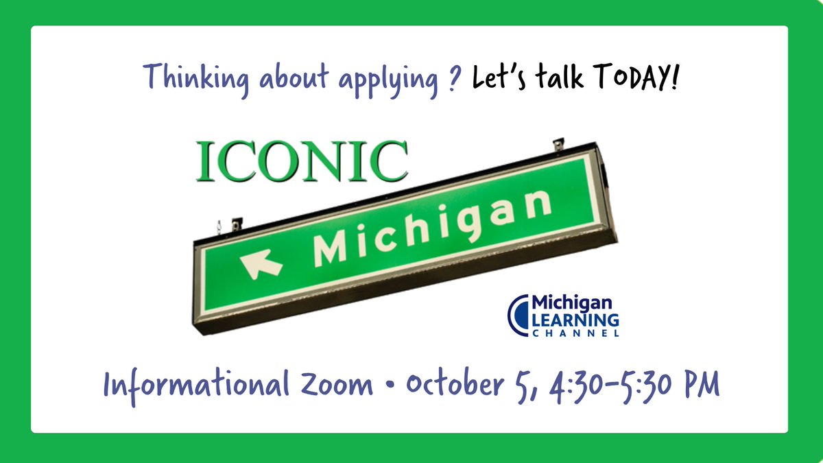 MichLearning's tweet photo. Thinking about applying for the Iconic Michigan Teacher Fellowship but still have questions? 

Join us today on Zoom from 4:30-5:30 PM: https://t.co/lICmIPAscj

Applications are open through October 13. https://t.co/oebv0v7ZP4
