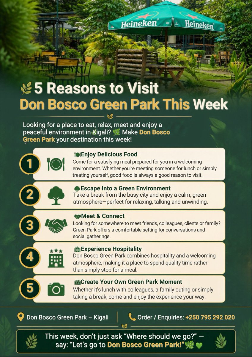 angevict's tweet photo. 🌿 5 Reasons to Visit Don Bosco Green Park This Week. #GreenRwanda. #DonBoscoGreenPark #Kigali #KigaliRestaurants #Rwanda #Hospitality #GoodFood #GreenSpace https://t.co/NkIh0bve72