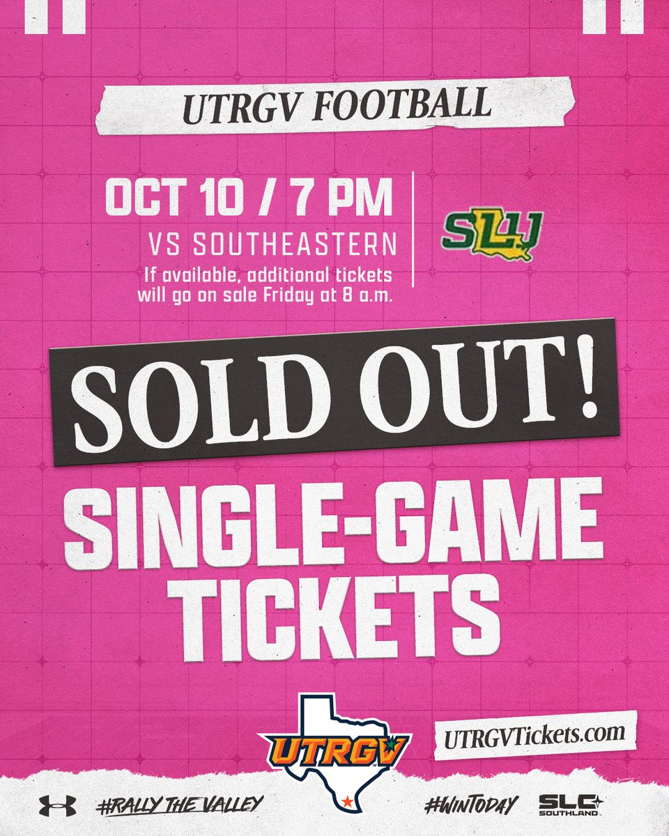 UTRGVFootball's tweet photo. Saturday's game is now SOLD OUT! ✌️

  #UTRGV #RallyTheValley #WinToday https://t.co/I8tjpCG6m0