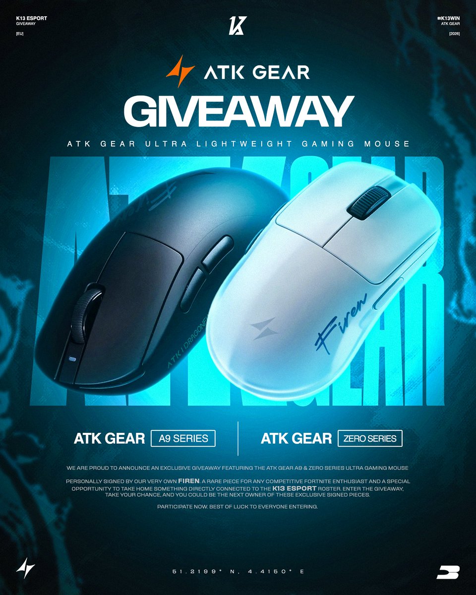 K13esport's tweet photo. GIVEAWAY — SOURIS ATK SIGNÉES PAR FIREN ! 🎁

Conditions :

- Liker &amp; RT le Post 
- Follow @K13esport &amp; @AtkGear 
- @ un ami

T.A.S : 26/10 (2 Gagnants) 🍀 https://t.co/0use42ZWOE