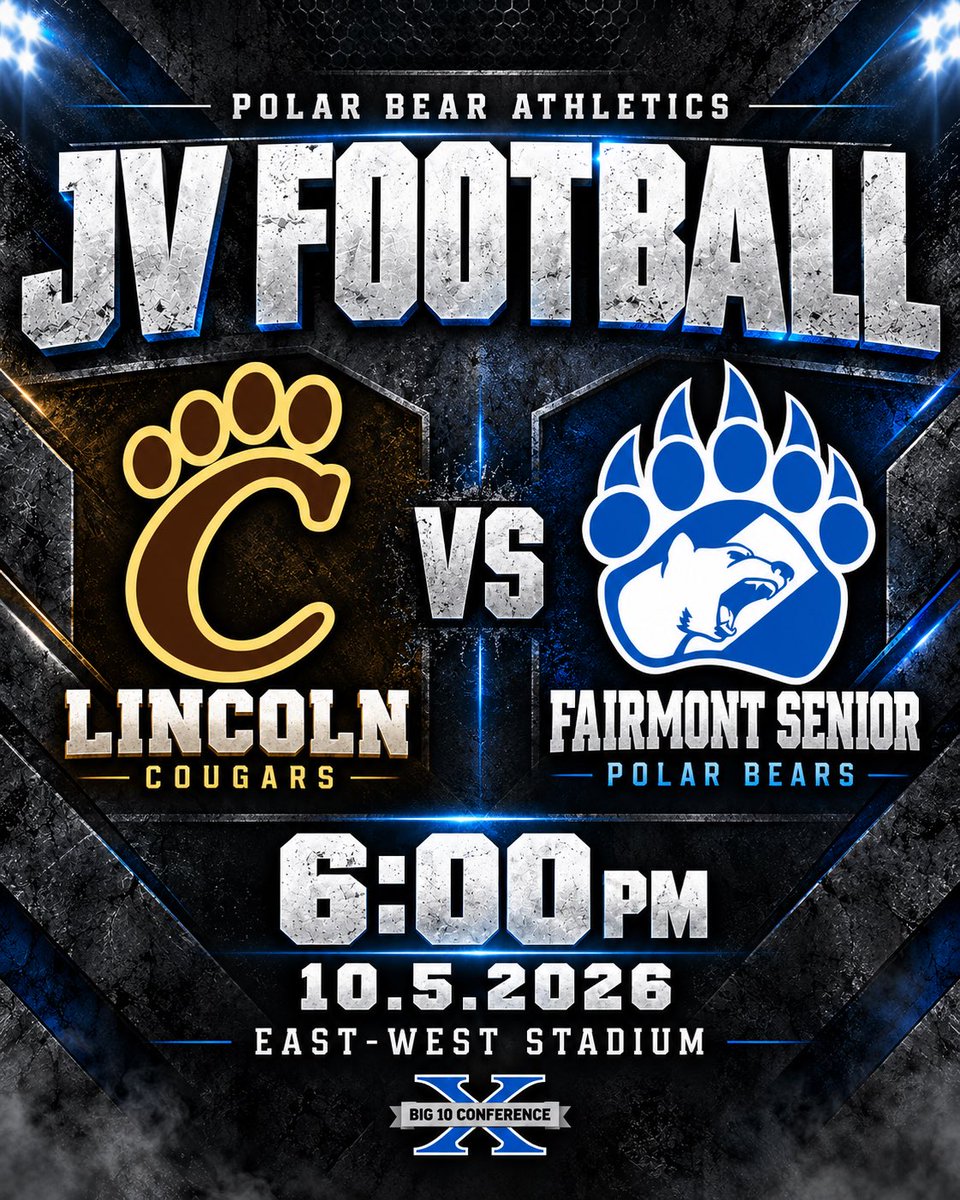 FSHS_PolarBears's tweet photo. 🐻‍❄️🏈 Back on 12th Street tonight.

The Polar Bears welcome Lincoln to East-West Stadium for JV football under the lights.

Kickoff // 6:00 PM

Let’s go, Polar Bears! 🔵⚪️

#YesBears | #PolarBearNation | #PolarBearFootball https://t.co/H5lkDoJkpf