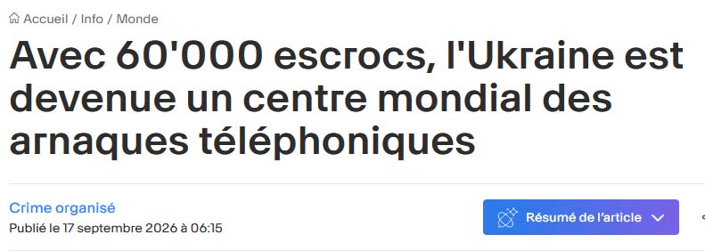 PChaibriant's tweet photo. L'Ukraine est devenue le centre mondial des arnaques téléphoniques
Entre 1000 et 2000 centres, 60 000 employés clandestins, gains jusqu'à 1 milliard de dollars PAR MOIS, protégés par les responsables du Bureau du Procureur général qui encaissaient des pots-de-vin  estimés à environ 7 000 dollars par mois et par centre d'appels  en échange de l'impunité...

Leurs activités touchaient 29 pays dont UE, USA:
- chantage (en menaçant de révéler des données personnelles ou bancaires) pour contraindre des citoyens russes à commettre des actes de sabotage ou des attaques à l'intérieur de la Russie pour le compte indirect de réseaux ukrainiens
- arnaque aux faux conseillers bancaires 
- fausses plateformes d'investissement et de cryptomonnaies
- usurpation d'identité
- piratage et contrôle à distance des ordinateurs de leurs victimes.
etc.
Ruslan Kravchenko,  grand pote de Zelensky et nommé Procureur général par ses soins a été contraint de démissionner le 7 septembre 2026 et bien sûr le junkie prétend qu'il ne savait rien.
Ils sont tous corrompus jusqu'à l'os.
Commencés en 2022 avec des gains de plusieurs millions de dollars par mois, en 2026 ces centres  généraient 1 MILLIARD PAR MOIS.
Et Zelensky continue de nous réclamer de l'argent...
https://t.co/I0SApjVkDa
