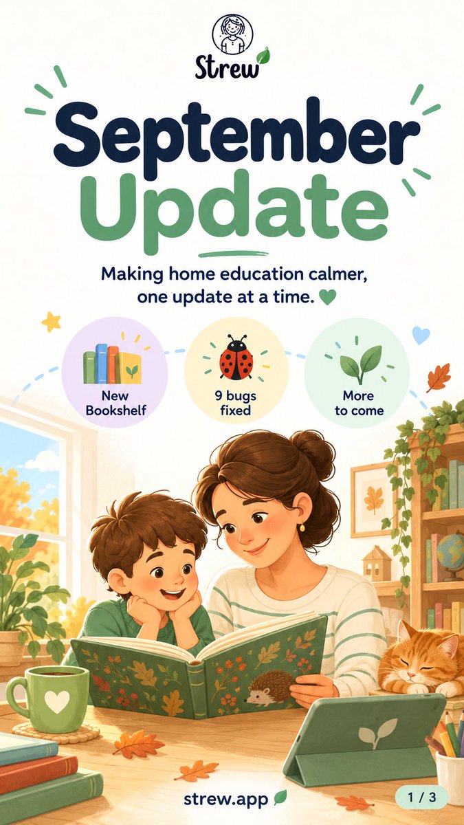 strewapp's tweet photo. September’s Strew update 📚💚

You asked for a proper bookshelf, so I made one! Each child now has a little home for their books: track what they want to read, what they’re reading, and what they’ve finished. Save favourites and link books to activities too 🐈

#homeschool #s https://t.co/IK9bEvFoDh