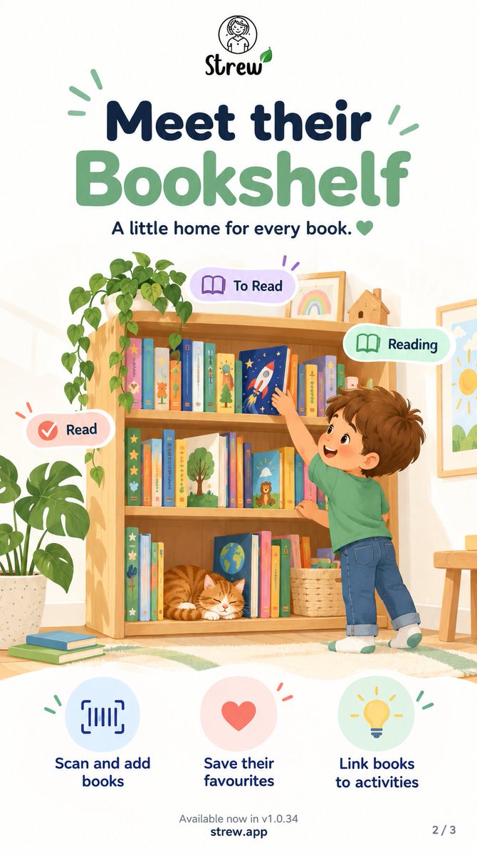 strewapp's tweet photo. September’s Strew update 📚💚

You asked for a proper bookshelf, so I made one! Each child now has a little home for their books: track what they want to read, what they’re reading, and what they’ve finished. Save favourites and link books to activities too 🐈

#homeschool #s https://t.co/IK9bEvFoDh