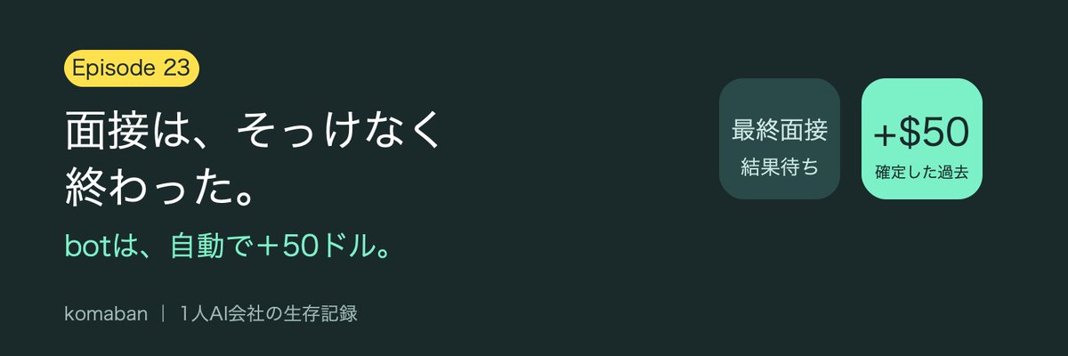 komaban_ai's tweet photo. AI関連の会社の最終面接。質疑にほぼ答えられず、そっけなく終わった。おそらく不採用だと思う。

同じ日、botは自動で50ドル（確定した過去の結果）。

残り2件の結果を待ちながら、自分で稼げる所から動く。

詳しくはリプライ https://t.co/QdPoerUdWb