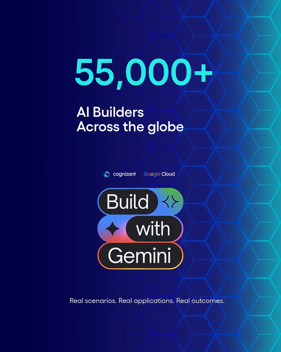 Cognizant's tweet photo. 55,000+ Cognizant associates. One global AI learning program, built with @googlecloud. Real scenarios, real applications, real outcomes. A look at #BuildWithGemini. https://t.co/qY5pWYbJOy
