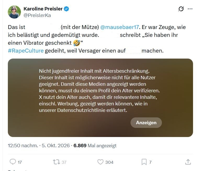 Mausebaer17's tweet photo. Eine psychisch schwer gestörte Person doxxt mich. Wann erfolgt die #Zwangseinweisung? Es reicht jetzt, das ist strafbar. Die Kommentare sind unter aller Sau. Dass ich nicht Zeuge war, spielt keine Rolle. Die Frau ist einfach krank. #Preisler #noFDP https://t.co/pIuT6ELyfY