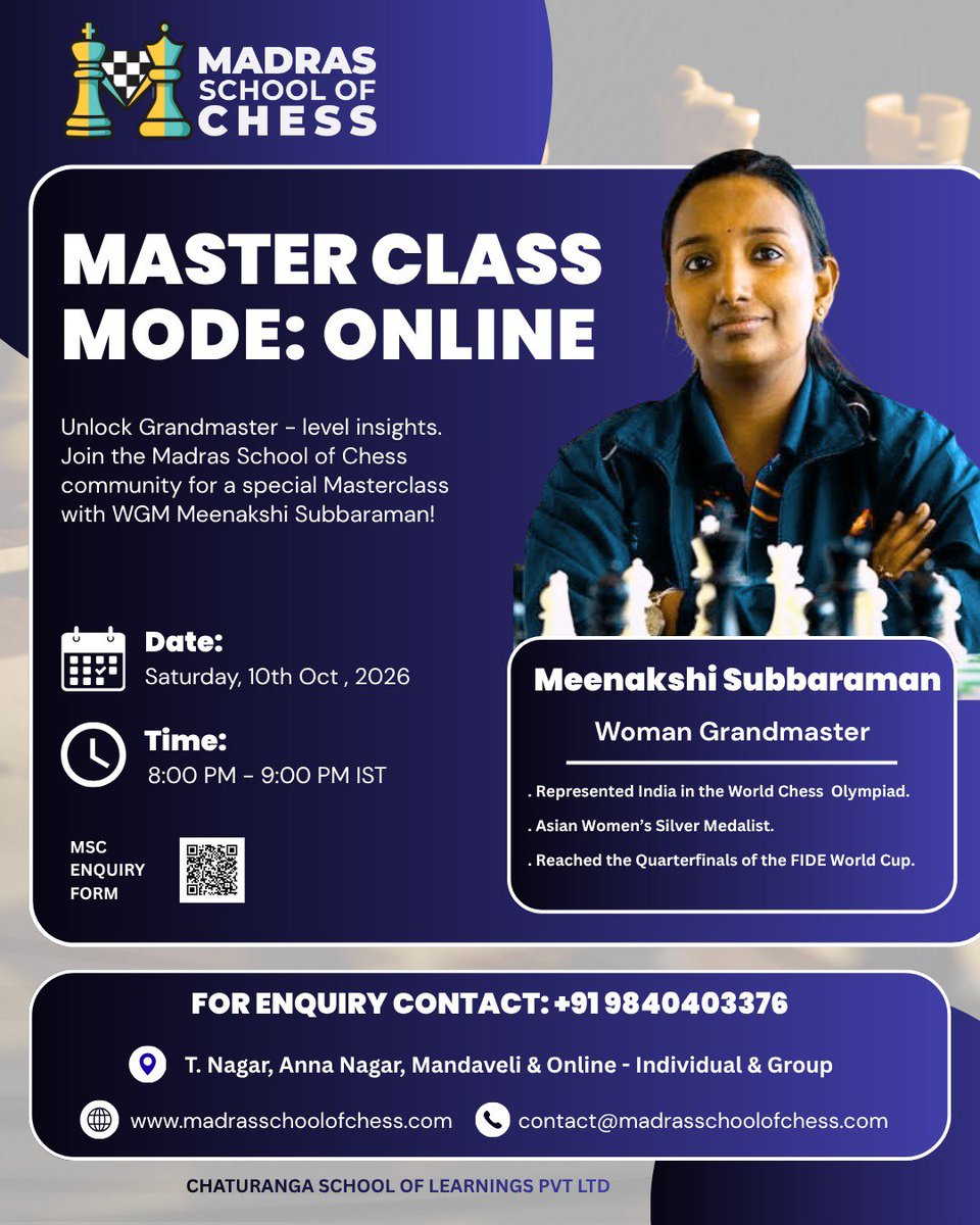 madraschess's tweet photo. Masterclass with WGM Meenakshi Subbaraman! 

Learn from a Woman Grandmaster and get valuable insights into the game through a special online Masterclass by Madras School of Chess.

Join us and stay connected for more fun!

#Madrasschoolofschool #WGMMeenakshiSubbraman #chessgame https://t.co/jmZpes3ZRP