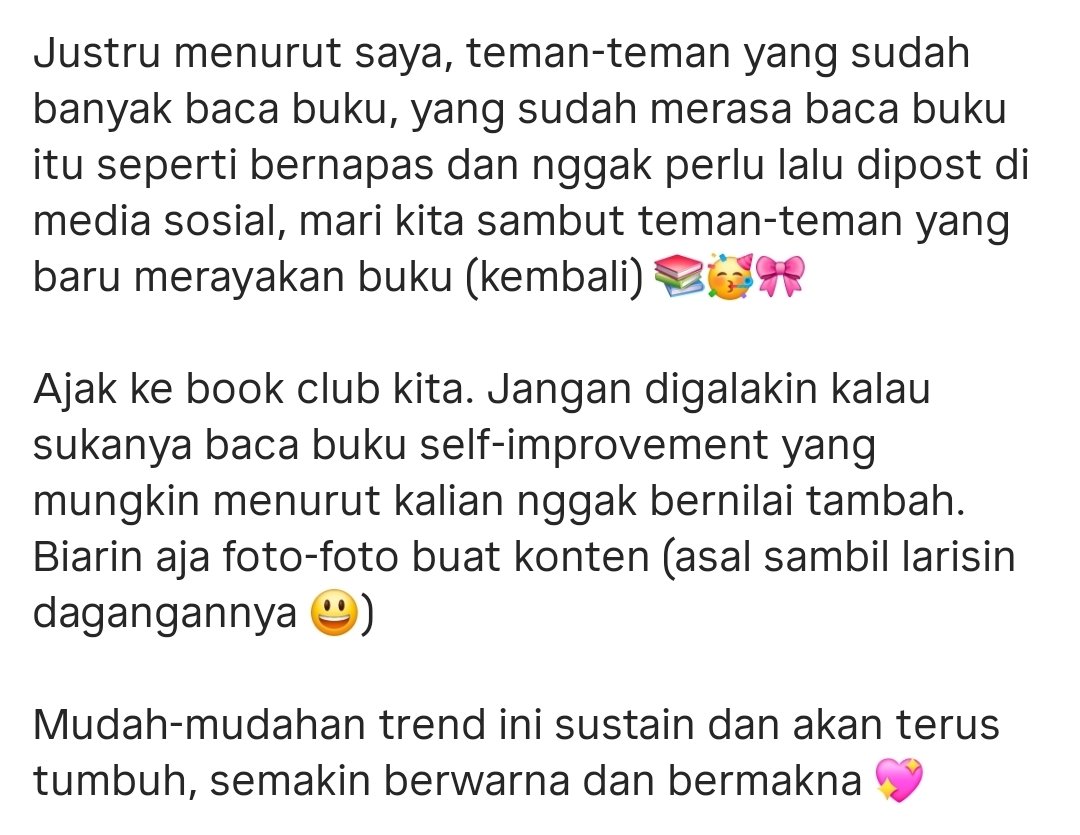 puty's tweet photo. Entah kenapa aku merasa perkara "performative reading" ini terlalu dibesar-besarkan. Sependek pengetahuanku, masih banyak masalah hulu-hilir ekosistem perbukuan, dan performative reading bukan masalah yang paling urgent 🤔 https://t.co/2sr5D7Oqc9