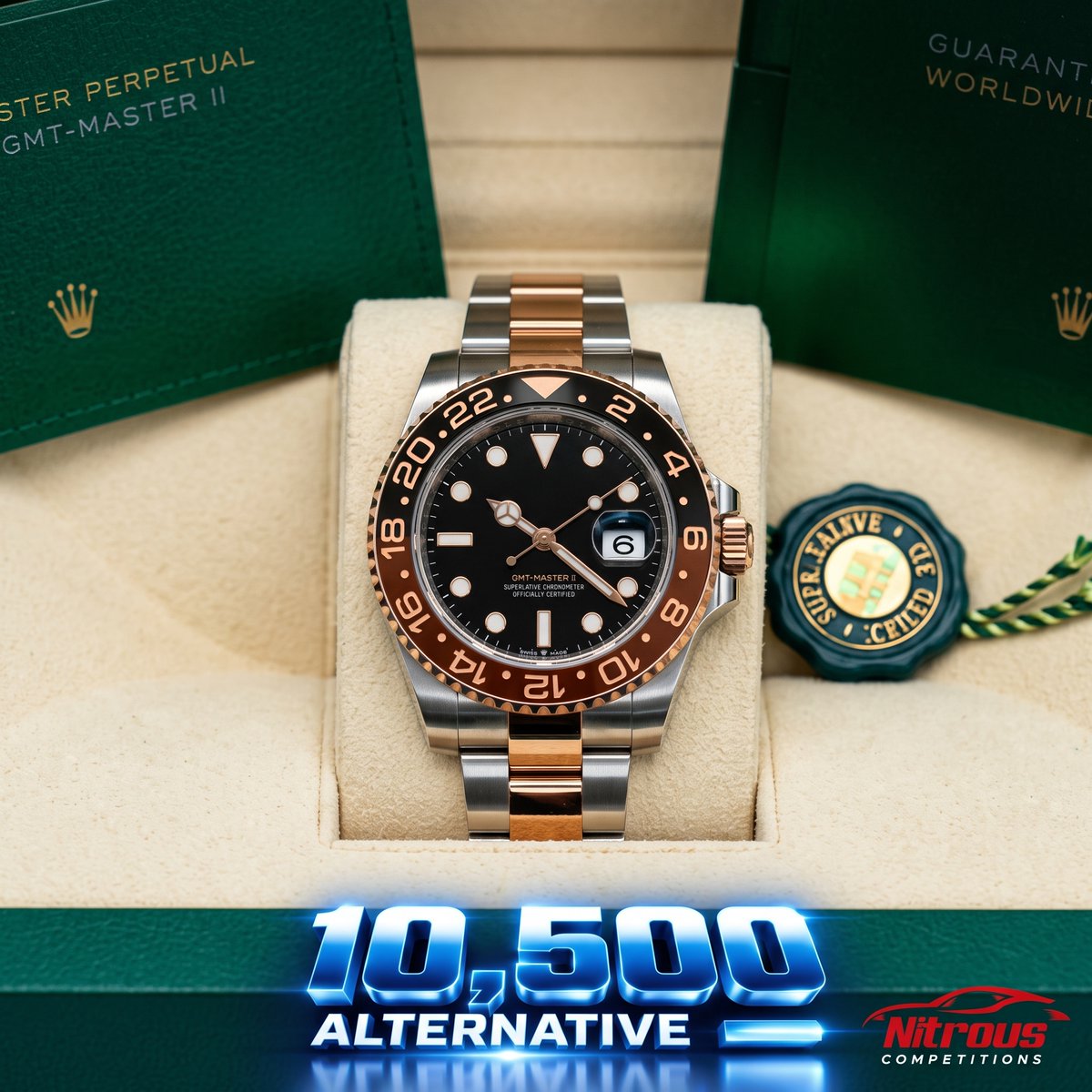 NITROUSCOMPS's tweet photo. ๐จ STILL AVAILABLE! ๐จ
The 2024 GMT-Master II Rootbeer or 10.5k alternative is 1 of 6 top instant wins STILL loaded on Raining Gold! โโจ
Only 4 DAYS LEFT on the timerโ will you score the 1st luxury watch!
๐https://t.co/2WJ7QgkwHV
#NitrousCompetitions #RainingGold #InstantWin #WatchGiveaway