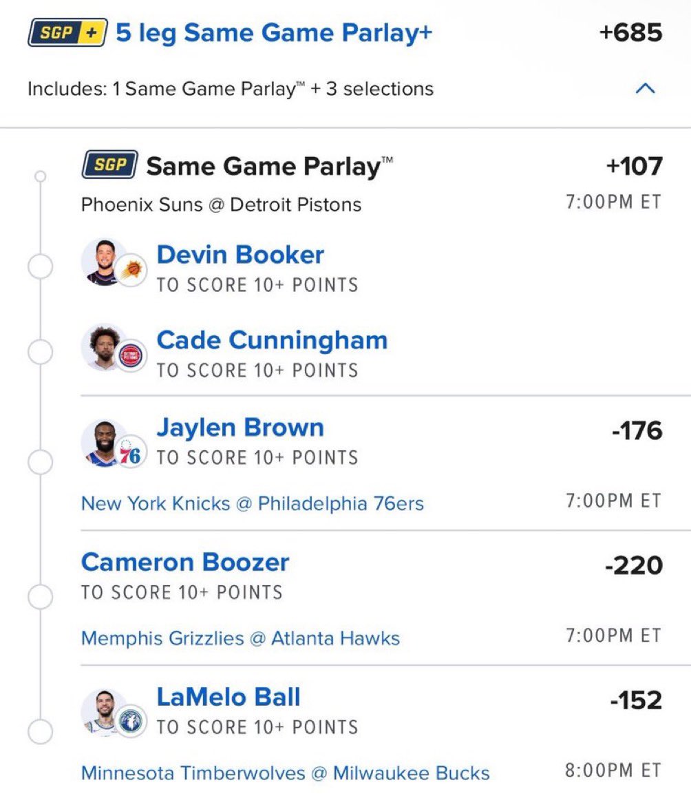 Davisparlay's tweet photo. 🔥 5-LEG SAME GAME PARLAY+ — +685

🏀 Devin Booker — 10+ Points
🏀 Cade Cunningham — 10+ Points
🏀 Jaylen Brown — 10+ Points
🏀 Cameron Boozer — 10+ Points
🏀 LaMelo Ball — 10+ Points

#SameGameParlay #NBA #NBABetting #SportsBetting #BettingPicks #NBAProps #DevinBooker #CadeCunningham #JaylenBrown #CameronBoozer #LaMeloBall #ParlayPicks #DavisParlay